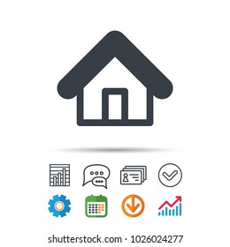 Home icon. House building symbol. Real estate construction. Statistics chart, chat speech bubble and contacts signs. Check web icon. Vector