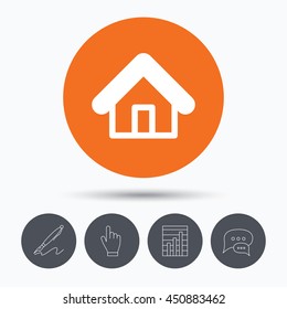 Home icon. House building symbol. Real estate construction. Speech bubbles. Pen, hand click and chart. Orange circle button with icon. Vector