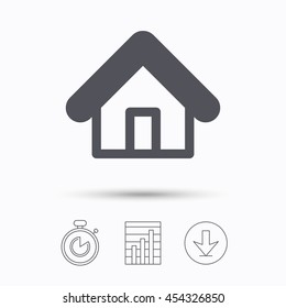 Home icon. House building symbol. Real estate construction. Stopwatch, chart graph and download arrow. Linear icons on white background. Vector