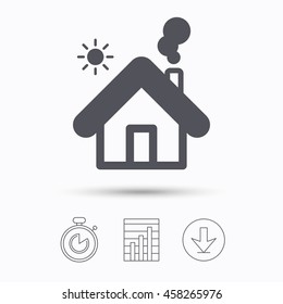 Home icon. House building symbol. Real estate construction. Stopwatch, chart graph and download arrow. Linear icons on white background. Vector