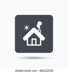 Home icon. House building symbol. Real estate construction. Gray square button with flat web icon. Vector