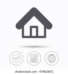 Home icon. House building symbol. Real estate construction. Check tick, graph chart and internet globe. Linear icons on white background. Vector
