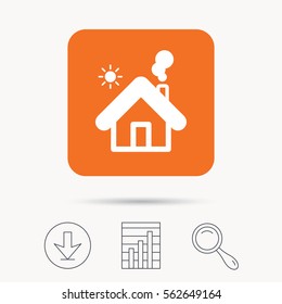 Home icon. House building symbol. Real estate construction. Report chart, download and magnifier search signs. Orange square button with web icon. Vector