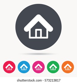Home icon. House building symbol. Real estate construction. Colored circle buttons with flat web icon. Vector