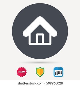 Home icon. House building symbol. Real estate construction. Calendar, shield protection and new tag signs. Colored flat web icons. Vector