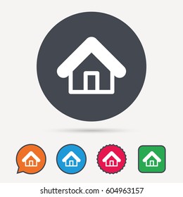Home icon. House building symbol. Real estate construction. Circle, speech bubble and star buttons. Flat web icons. Vector