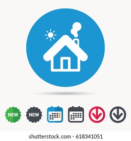 Home icon. House building symbol. Real estate construction. Calendar, download arrow and new tag signs. Colored flat web icons. Vector
