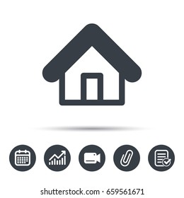 Home icon. House building symbol. Real estate construction. Calendar, chart and checklist signs. Video camera and attach clip web icons. Vector