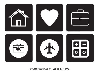 Home Icon, House Icon, Heart Icon, Briefcase, Camera, Airplane, Calculator Icon