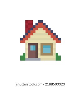 Home icon. House sticker. Pixel art style design for logo, web, mobile app, badges and patches. Video game sprite. 8-bit. Isolated vector illustration.  