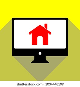 Home icon illustration. Vector. Red icon on white monitor of black all-in-one desktop computer with two shadows at yellow background.