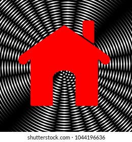 Home icon illustration. Vector. Red icon on white and black radial interference as background.