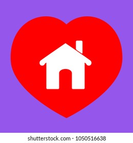 Home icon illustration. Vector. White icon in red heart at lavender background.