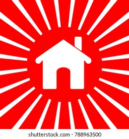 Home icon illustration. Vector. White icon on red sun with rays as background. Isolated.