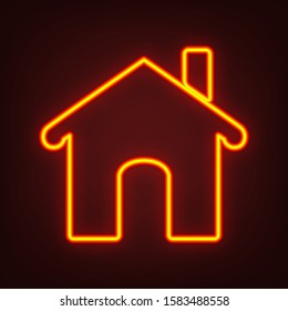 Home icon illustration. Yellow, orange, red neon icon at dark reddish background. Illumination. Illustration.