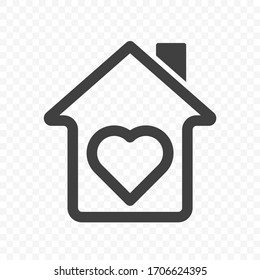 Home icon. Image of a house with a chimney. The heart is inscribed inside the house. The symbol of the home. Isolated vector on a transparent background.