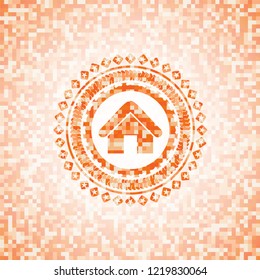 home icon inside abstract emblem, orange mosaic background