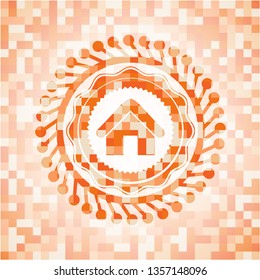 home icon inside abstract emblem, orange mosaic background