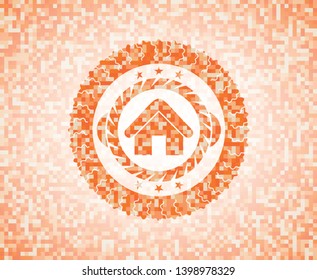 home icon inside abstract emblem, orange mosaic background