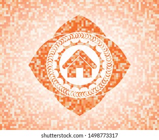 home icon inside abstract emblem, orange mosaic background