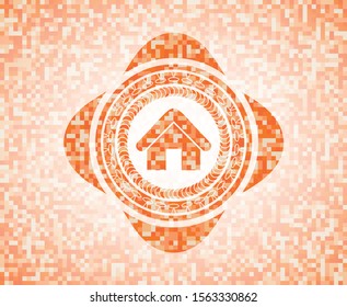 home icon inside abstract emblem, orange mosaic background