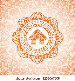 home icon inside abstract orange mosaic emblem