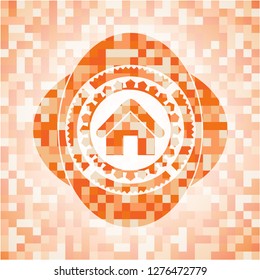 home icon inside abstract orange mosaic emblem