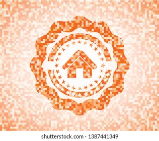 home icon inside abstract orange mosaic emblem