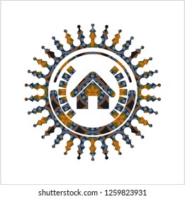 home icon inside arabic badge. Arabesque decoration.