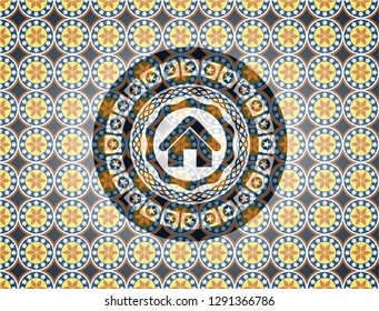 home icon inside arabic style badge. Arabesque decoration.