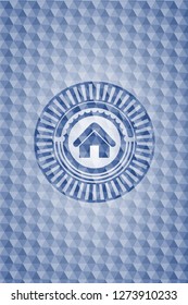 home icon inside blue badge with geometric background.