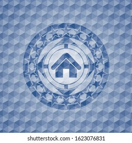 home icon inside blue badge with geometric pattern background.