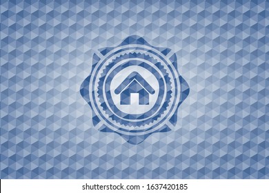 home icon inside blue badge with geometric background.