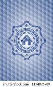 home icon inside blue emblem with geometric pattern background.
