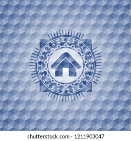 home icon inside blue emblem or badge with abstract geometric pattern background.