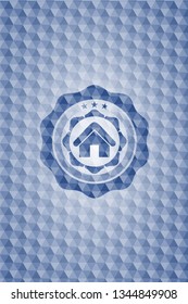 home icon inside blue emblem or badge with geometric pattern background.