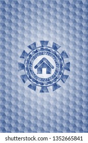 home icon inside blue emblem or badge with abstract geometric polygonal pattern background.