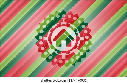 home icon inside christmas colors emblem.