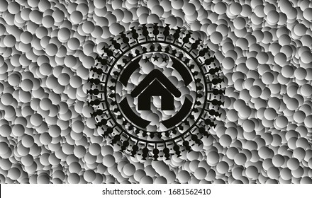 icono del hogar dentro del emblema oscuro con fondo de burbujas. Ilustración vectorial. Detallado.