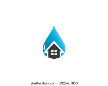 Home icon inside a drop of water for the house repair sanitary, logo design