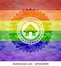 home icon inside emblem on mosaic background with the colors of the LGBT flag