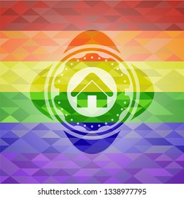 home icon inside emblem on mosaic background with the colors of the LGBT flag