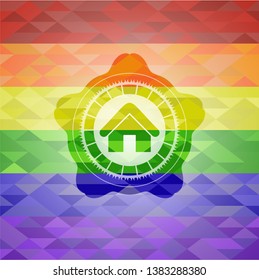 home icon inside emblem on mosaic background with the colors of the LGBT flag