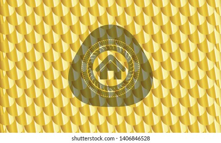 home icon inside gold badge or emblem. Scales pattern. Vector Illustration. Detailed.