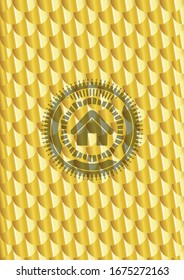 home icon inside gold emblem or badge. Scales pattern. Vector Illustration. Detailed.