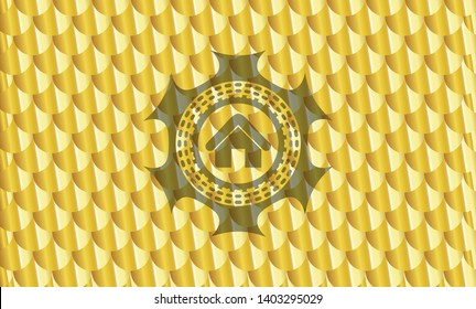 home icon inside golden badge or emblem. Scales pattern. Vector Illustration. Detailed.