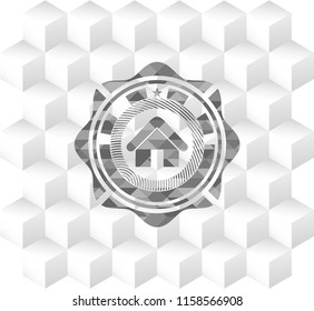 home icon inside grey badge with geometric cube white background