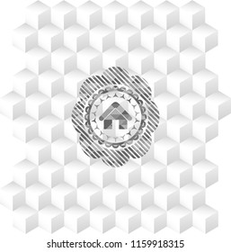 home icon inside grey badge with geometric cube white background