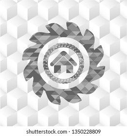 home icon inside grey badge with geometric cube white background