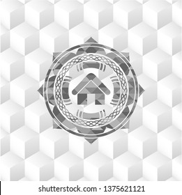 home icon inside grey badge with geometric cube white background